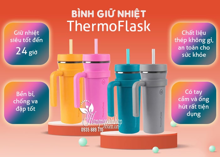 Bình giữ nhiệt ThermoFlask 950ml kèm ống hút có tay cầm 45