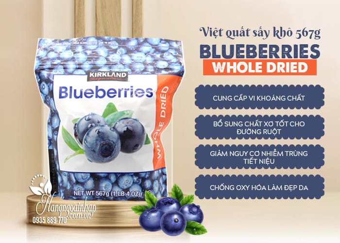 Việt quất sấy khô Whole Dried Blueberries Kirkland 567g Mỹ12