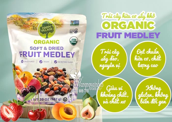 Trái cây hữu cơ sấy khô Happy Village Organic Fruit Medley 567g 45