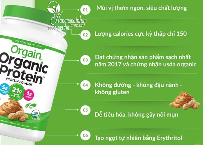 Bột Protein hữu cơ Orgain Organic Protein 920g vị bơ đậu phộng 68