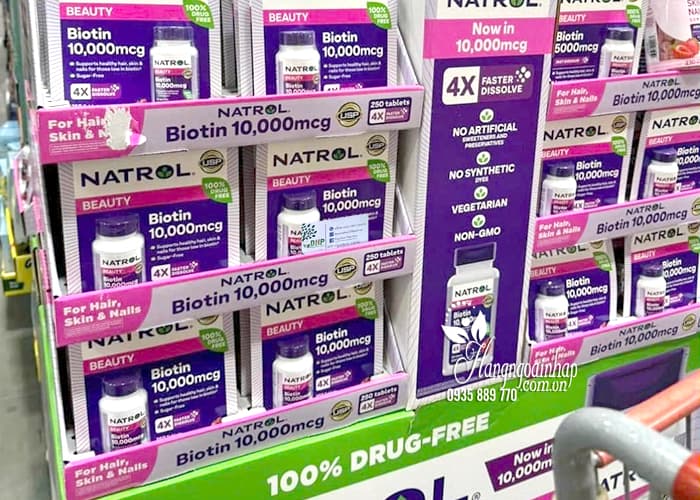 Viên ngậm mọc tóc Natrol Beauty Biotin 10000mcg 250 Tablets 90