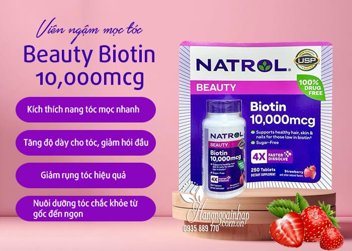 Viên ngậm mọc tóc Natrol Beauty Biotin 10000mcg 250 Tablets 56