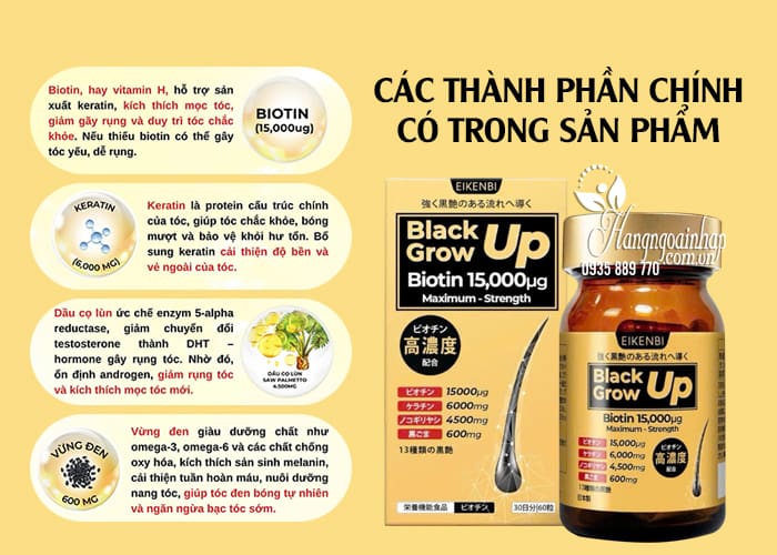 Viên uống mọc tóc Black Grow Up Biotin 15000 Eikenbi 60 viên 7