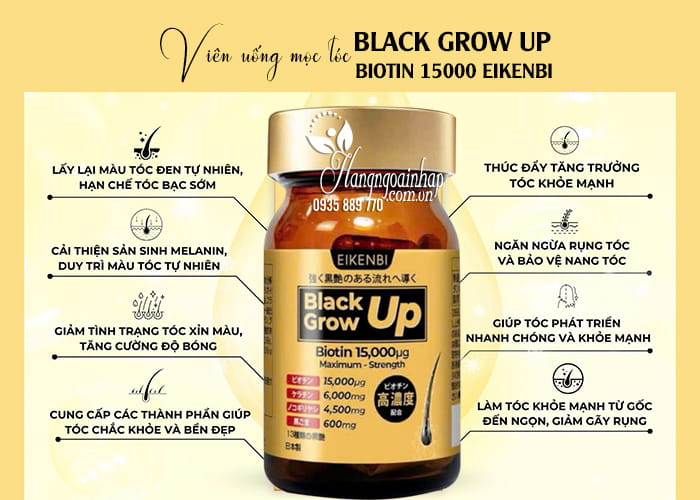 Viên uống mọc tóc Black Grow Up Biotin 15000 Eikenbi 60 viên 9