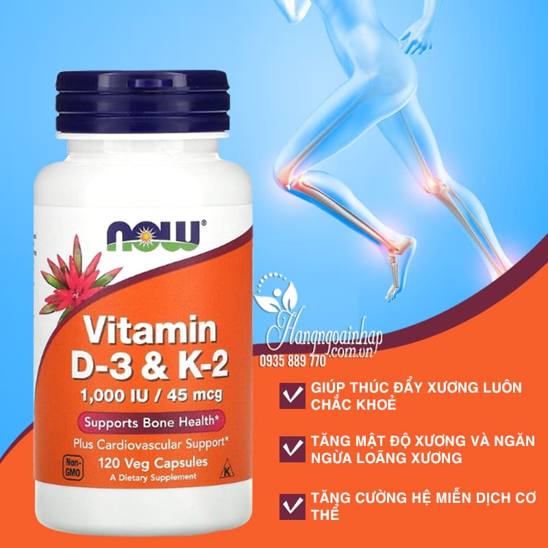 Vitamin D3 K2 Now 120 Viên Của Mỹ Hỗ Trợ Xương Chắc Khỏe